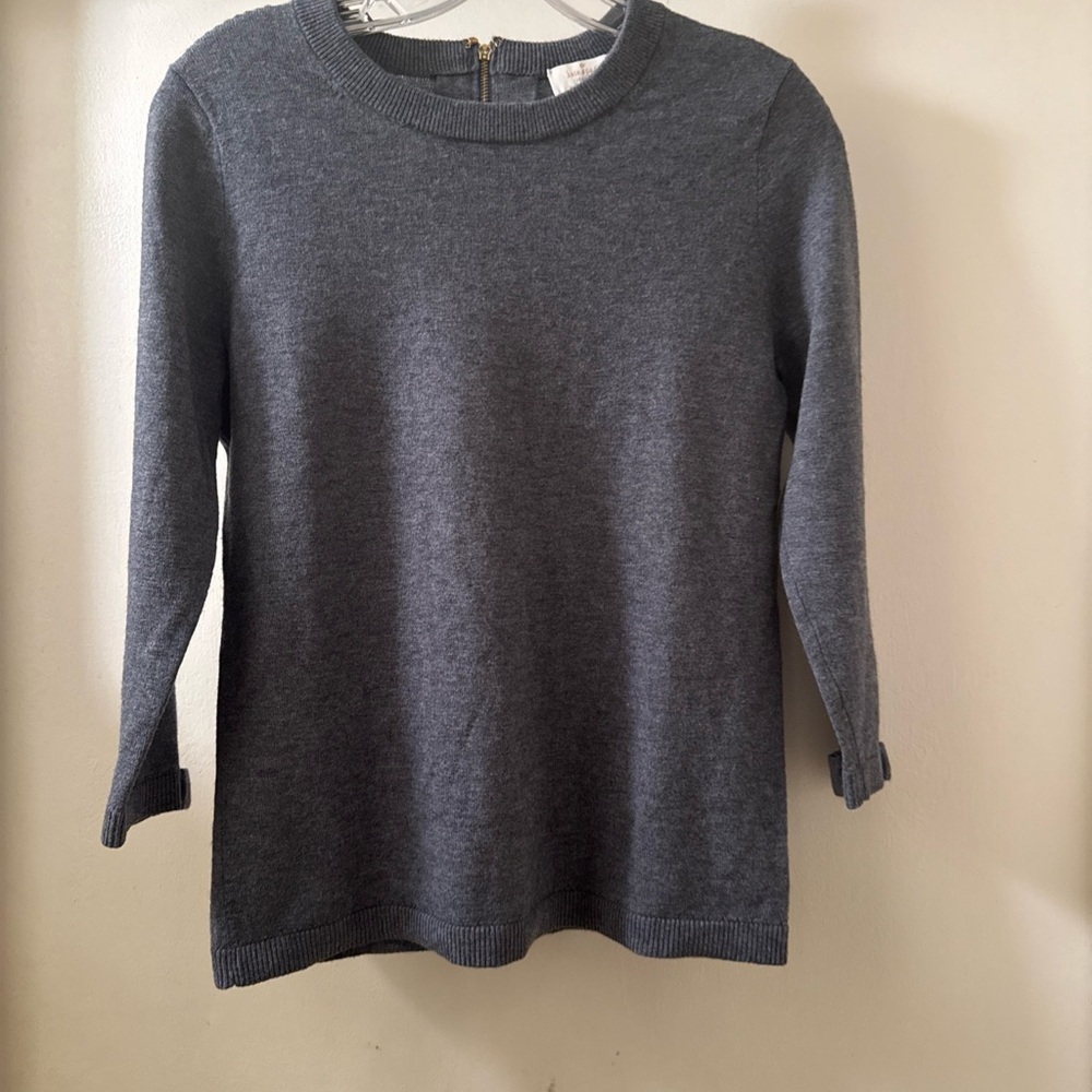 Kate Spade Gray Wool Cashmere Crew Neck Sweater Gold Zip, Bow Cuffs 3/4 Sleeve m